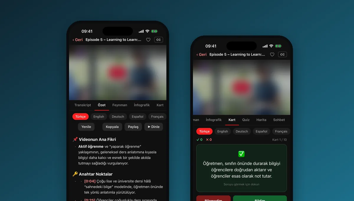 iPhone’da RecapTube: bir YouTube videosunun zaman damgalı özeti ve videodan hazırlanan bilgi kartları