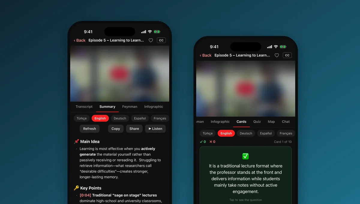 RecapTube on iPhone: a timestamped summary of a YouTube video, and flashcards made from it