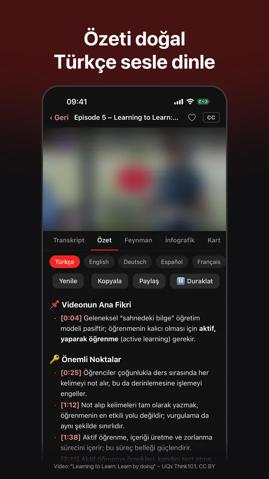 Özetin sesli okunması, durdurup devam etme